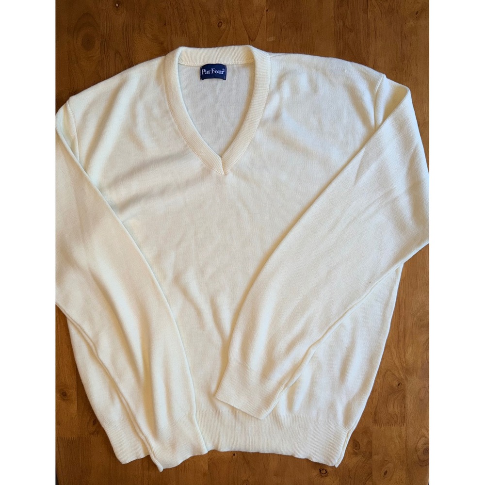 Par Four Mens Vintage V-Neck Sweater Off White Cream Knit Preppy Golf XL 360
